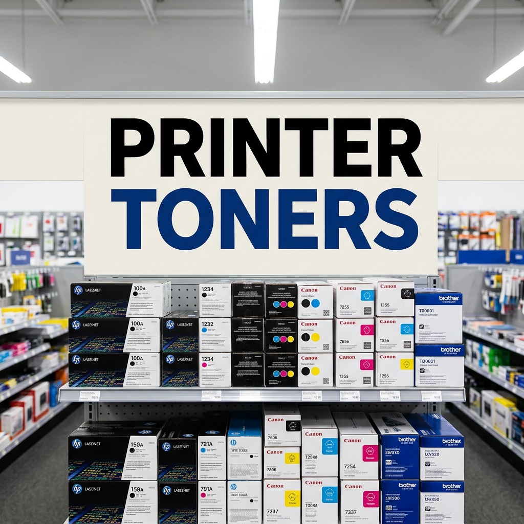Shelves with HP, Canon, and Brother printer toner cartridges arranged under a 'PRINTER TONERS' sign